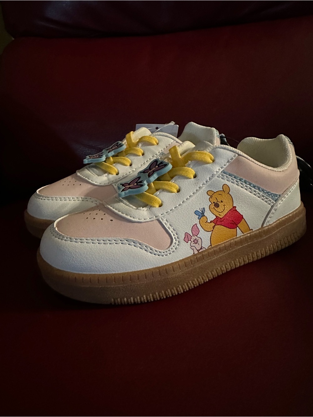 Kids Winnie the Pooh Pink & White Sneakers with Yellow Laces Sz 11